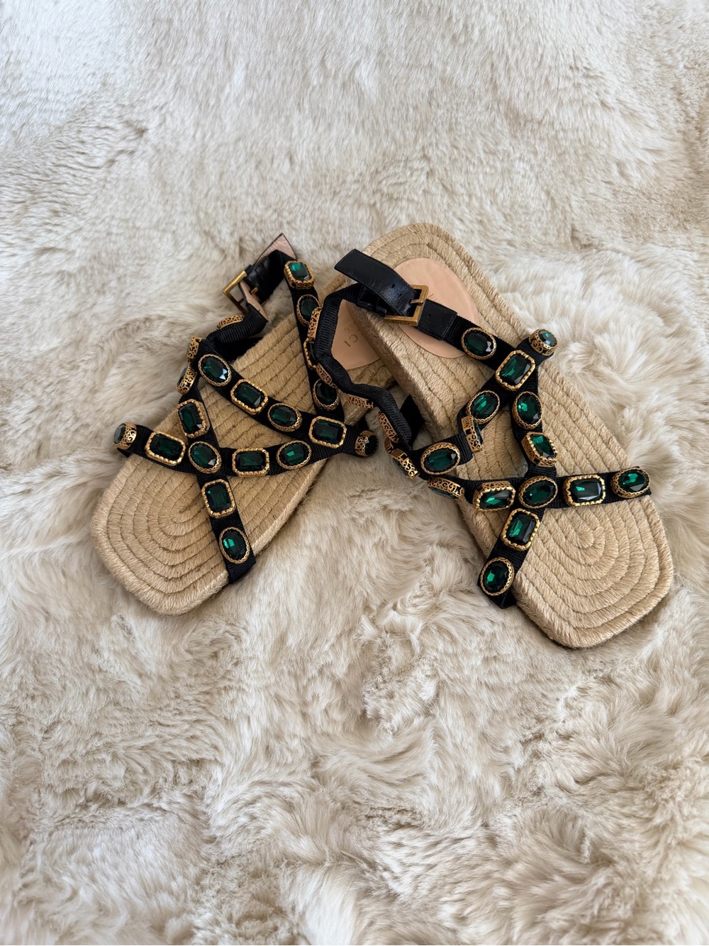 Gucci Black Strappy Sandals with Emerald Green Gemstones